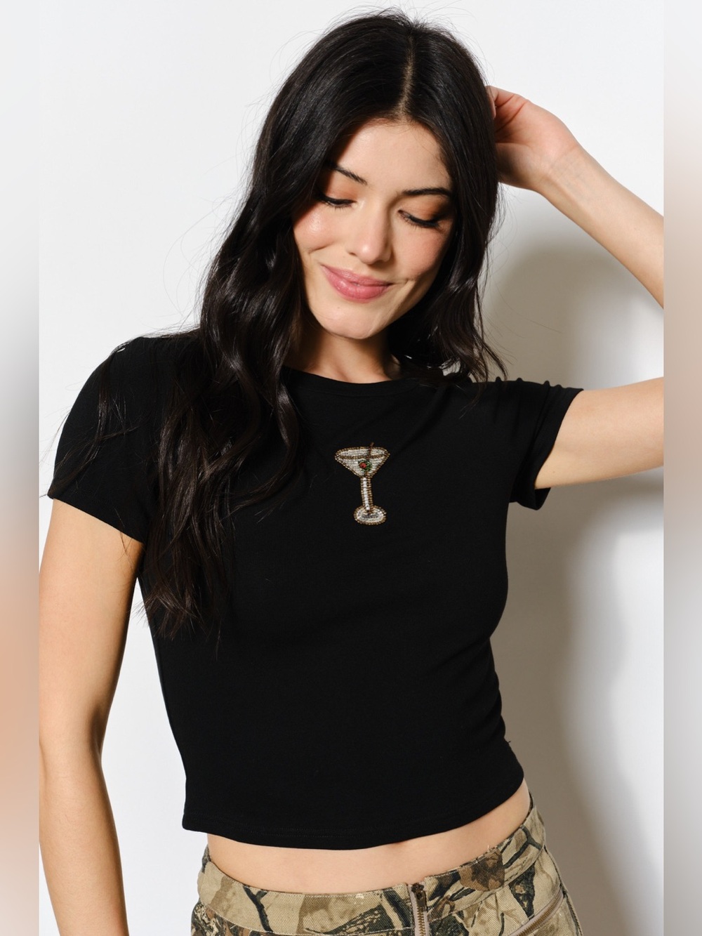 Beaded Martini Cropped Baby Tee - Pretty Garbage